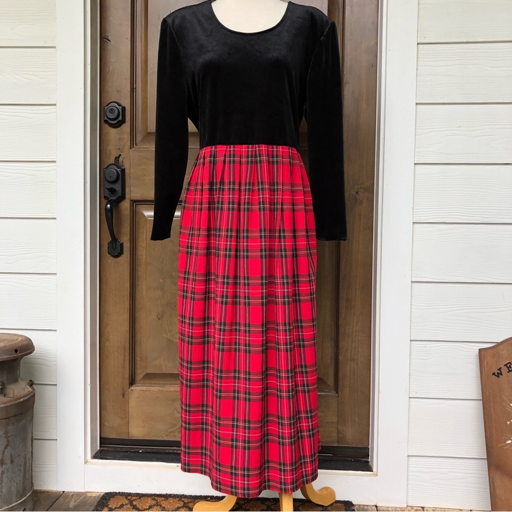 Vintage Black Velvet Top with Red Plaid Maxi Skirt Dress